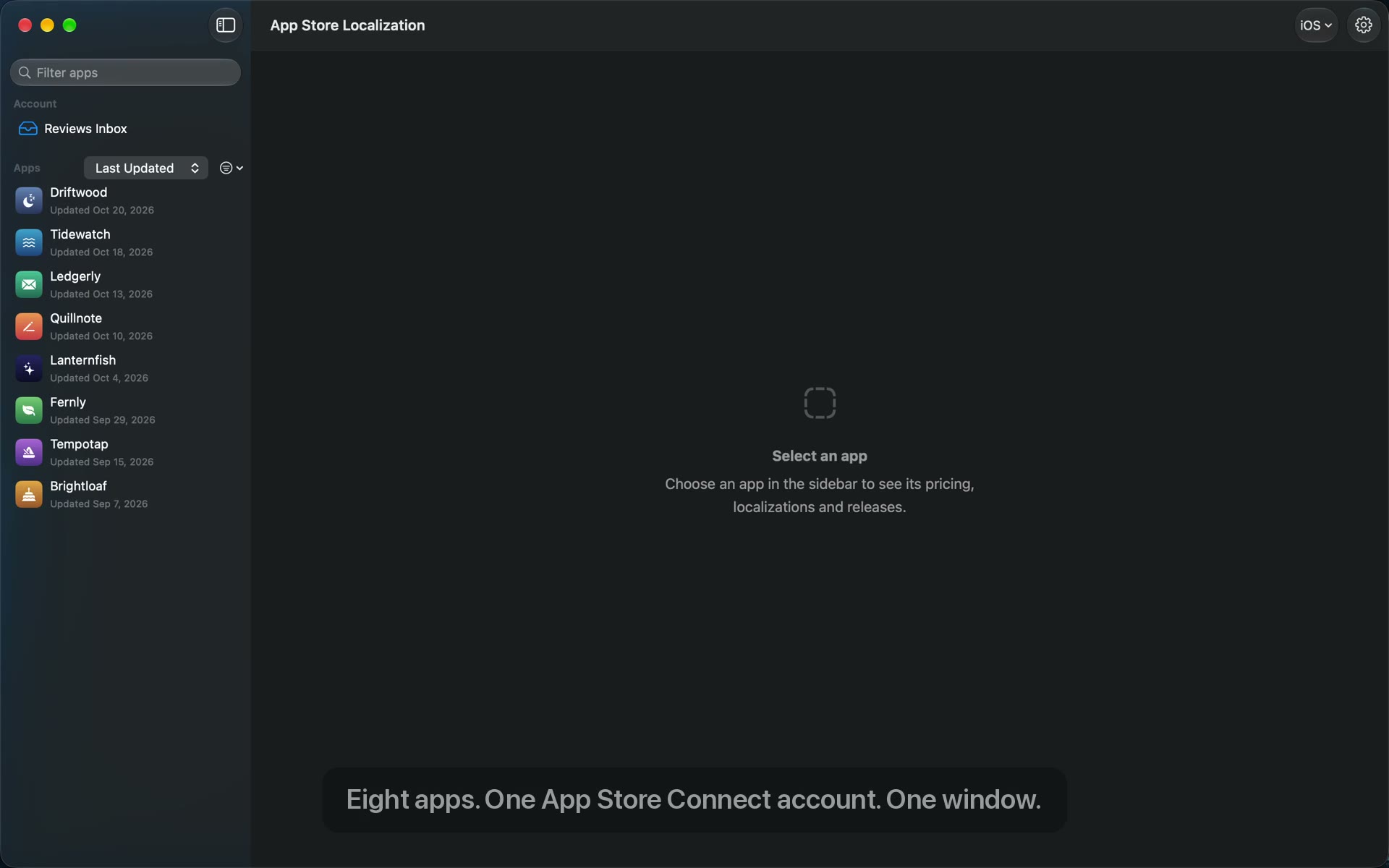 Screenshot of App Store Localization for Mac on a demo account, with eight made-up apps in the sidebar and the Reviews Inbox above them